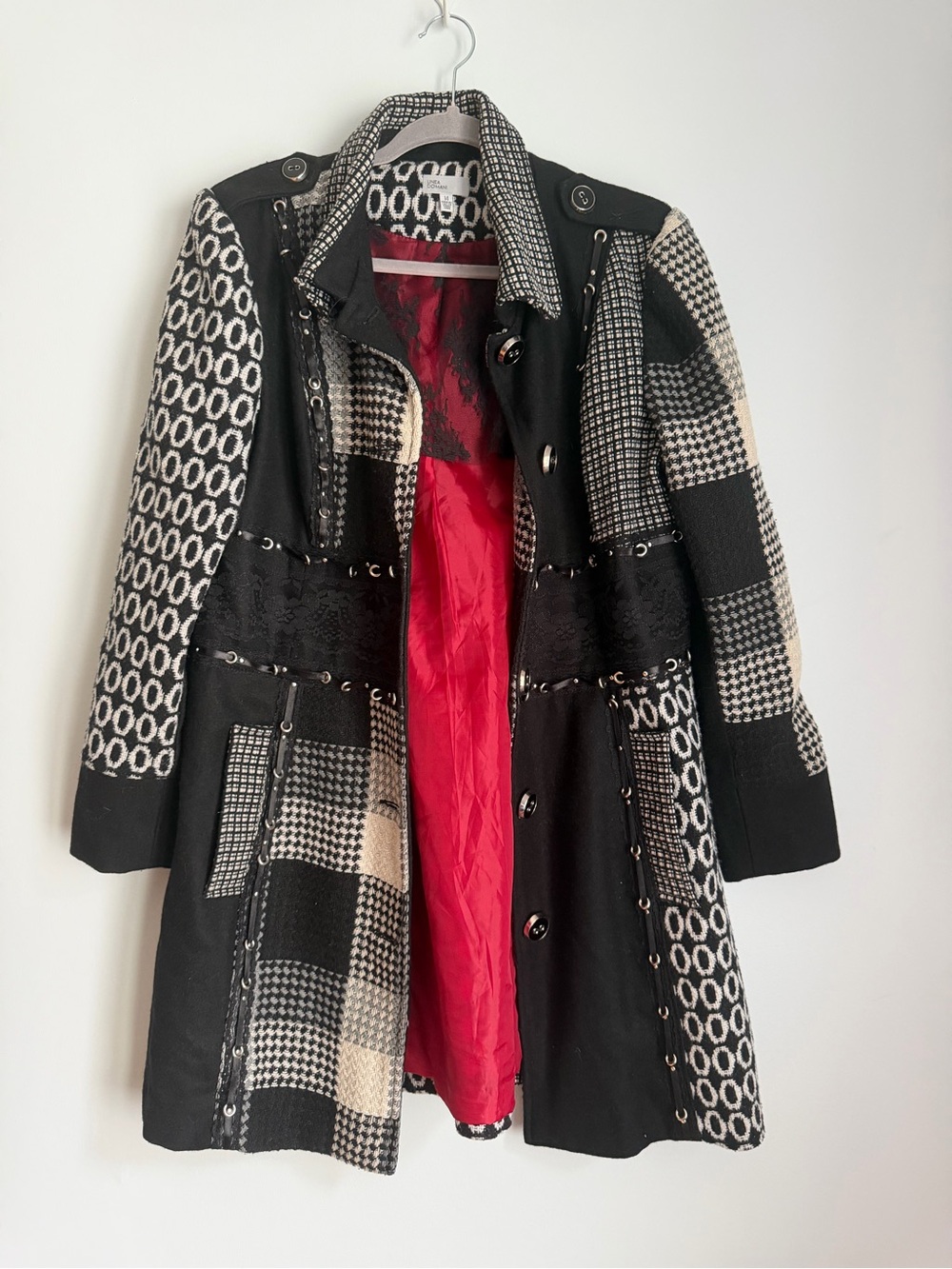 Linea Domani Women’s Patchwork Wool Blend Coat 14 Black Gray Check Mixed Pattern